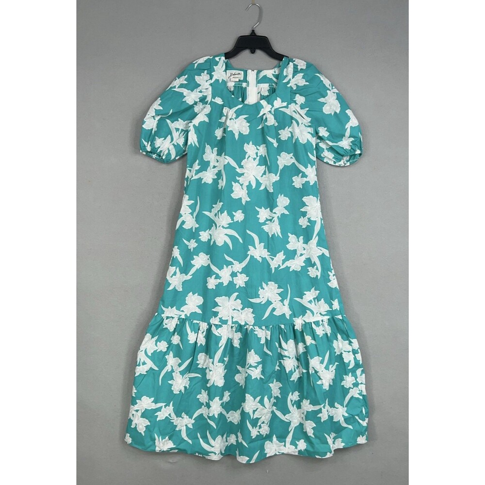 Vintage Helenas Dress Womens Small Teal Floral Tiered Hawaii Mumu Kaftan Resort